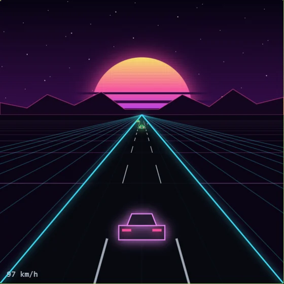 Night Drive: a neon car on a grid road heading toward a striped synthwave sun